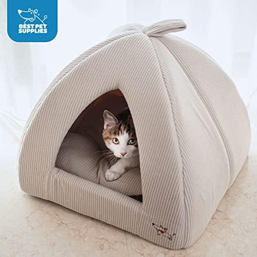 Best Pet Supplies Cat Bed for Indoor Cat, Domed Tent House with Removable Pillow, Covered Cat Cave for Small Dog, Puppies and All Breeds of Cats - Corduroy Beige1, 19 x 19 x H:19"