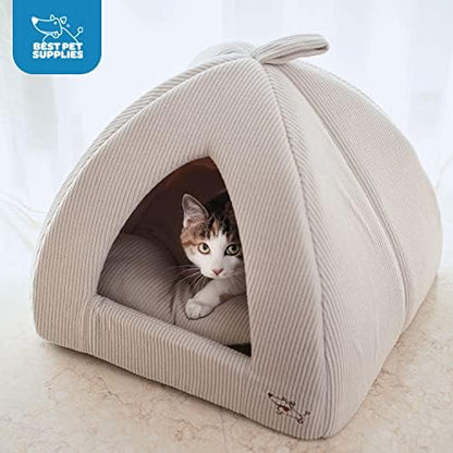 Best Pet Supplies Cat Bed for Indoor Cat, Domed Tent House with Removable Pillow, Covered Cat Cave for Small Dog, Puppies and All Breeds of Cats - Corduroy Beige1, 19 x 19 x H:19"