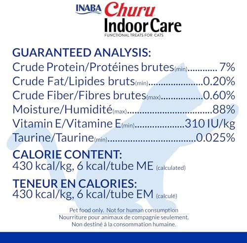 INABA Churu Indoor Care for Hairball Control, Functional Lickable Cat Treat with Taurine & Green Tea Extract, 0.5oz Each, 60 Tubes Total, Tuna & Chicken Variety