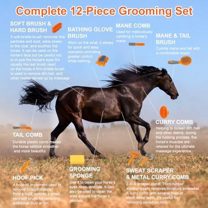 Horse Grooming Kit, 12-Piece Horse Brush Set with Storage Tote, Grey