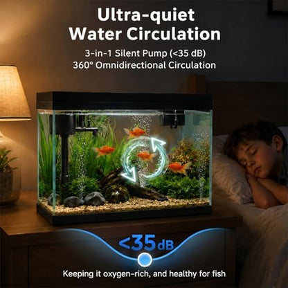 BARKBUDDY 2.4 Gallon Desktop Betta Fish Tank, All-in-One Starter Kit with Ultra-Quiet 3-in-1 Pump, 8-Mode LED, Temperature Display & Aroma Mist, for Office, Bedroom & Kid's Room