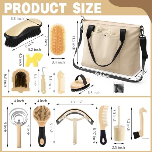 Abbylike 15 Pieces Horse Grooming Kit with Organizer Tote Bag Tack Room Supplies Horse Brush Sets Care Equine Cleaning Kit Shedding Grooming Massaging Tools (Beige)