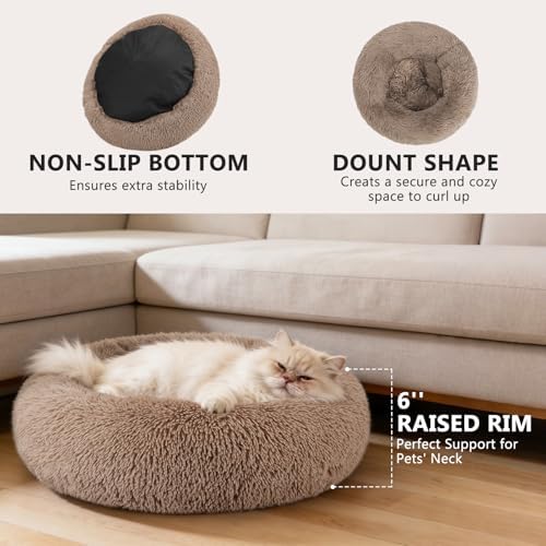 MIXJOY Calming Cat Beds for Indoor Cats, 20'' Kitten Donut Beds for Pet Up to 15lbs, Fluffy Small Cat Cuddler, Anti-Anxiety Plush Faux Fur Large Pet Bed Washable (20'', Brown)