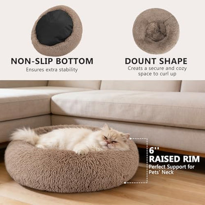 MIXJOY Calming Cat Beds for Indoor Cats, 20'' Kitten Donut Beds for Pet Up to 15lbs, Fluffy Small Cat Cuddler, Anti-Anxiety Plush Faux Fur Large Pet Bed Washable (20'', Brown)