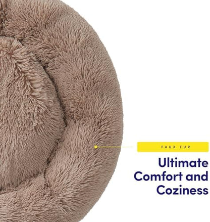 Dog & Cat Bed: Round Faux Fur Pet Bed - Plush, Cozy, & Calming Donut Bed for Medium Pets - Soft & Comfortable Sleeping Cushion for Napping & Lounging, 23" Round, Taupe