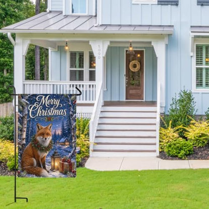 Merry Christmas House Flag 28x40 Inch Red Fox Pine Wreath Lantern Gift Snowy Birch Forest Rustic Winter Outdoor Yard Lawn Front Porch Welcome Double Sided Banner Decor