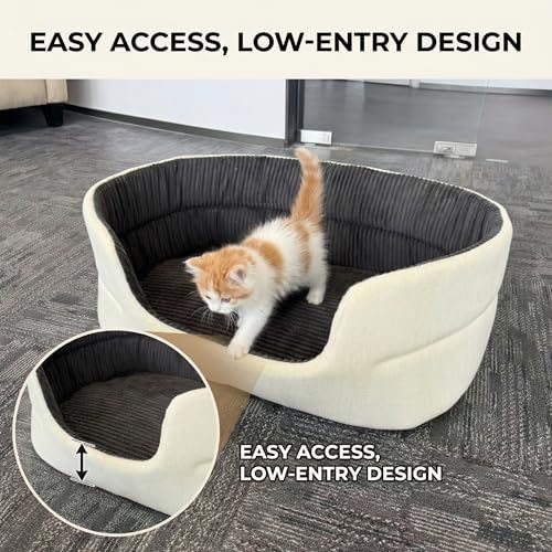 Large Dog Bed Cat Bed 20x30 Inch,Calming Pet Bed for Dogs & Cats,Machine Washable Dog Bed,Half-Enclosed Open-Top Velvet Anti-Anxiety Bed,Cozy Snuggle Bed (White)
