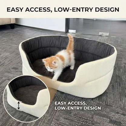 Large Dog Bed Cat Bed 20x30 Inch,Calming Pet Bed for Dogs & Cats,Machine Washable Dog Bed,Half-Enclosed Open-Top Velvet Anti-Anxiety Bed,Cozy Snuggle Bed (White)