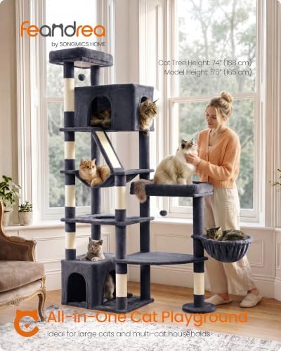 Feandrea Large Cat Tree, 74.1" Tall Sturdy Cat Tower for Indoor, Dark Gray