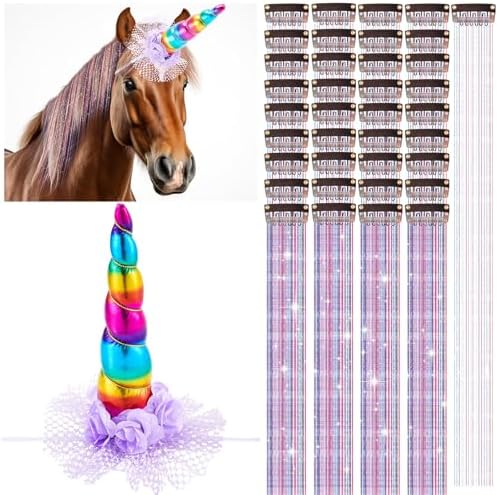 Juexica 19 Pcs Unicorn Horn for Horse with Rainbow Hair Extensions
