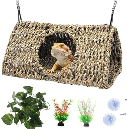 Hanging Reptile Hide Cave,Natural Seagrass Fiber Bearded Dragon Hammock Hideout,Reptile Shelter Sleeping Cave Swing Climbing Toys Terrarium Decor for Lizard Gecko Hermit Crabs(Triangle S)