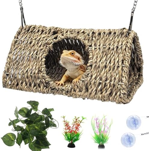Hanging Reptile Hide Cave,Natural Seagrass Fiber Bearded Dragon Hammock Hideout,Reptile Shelter Sleeping Cave Swing Climbing Toys Terrarium Decor for Lizard Gecko Hermit Crabs(Triangle S)