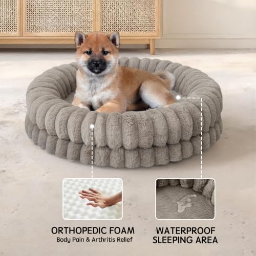 BALANCE Luxury Donut Dog Bed, 30 Inches Round Dog Bed Medium Size Dogs Washable, Orthopedic Calming Dogs Bed for Pets with Anti-Slip Bottom, Oatmeal