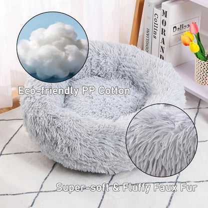 Calming Donut Dog Bed Medium Size Dog - Washable Removable Cover Non-Slip Bottom, Round Pet Bed Cat Bed Warming Fluffy Plush Faux Fur Anti-Anxiety, Fits up to 45 lbs (Light Grey, 30")