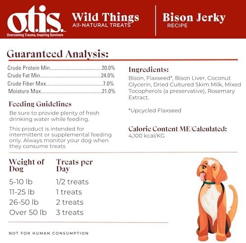 O.T.I.S. Wild Things Bison Recipe Jerky for Dogs – 4 oz – Soft Bison Treats with Flaxseed – Grass-Fed, GMO-Free – No Hormones or Artificial Additives