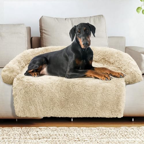 GGIB Calming Dog Bed Fluffy Plush Dog Mat for Furniture Protector with Removable Washable Cover for Large Medium Small Dogs and Cats (Extra Extra Large, Beige)