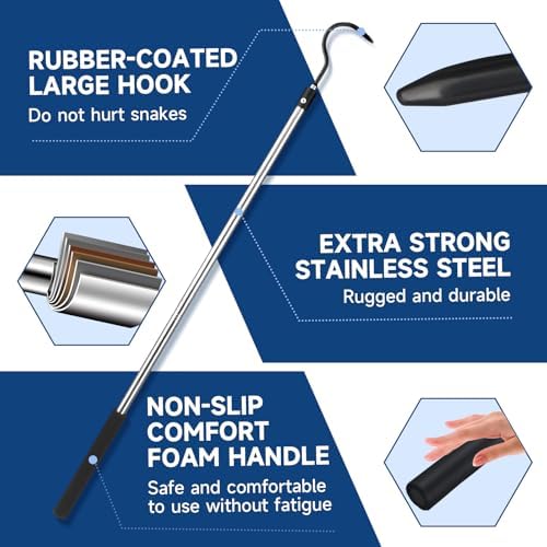 Snake Hook, 50" Reptile Snake Hook Heavy Duty Long for Ball Python Rattlesnakes Rattle Copperhead Removal with Sponge Grip and Stainless Steel Rubber Tip Hook(50inch)