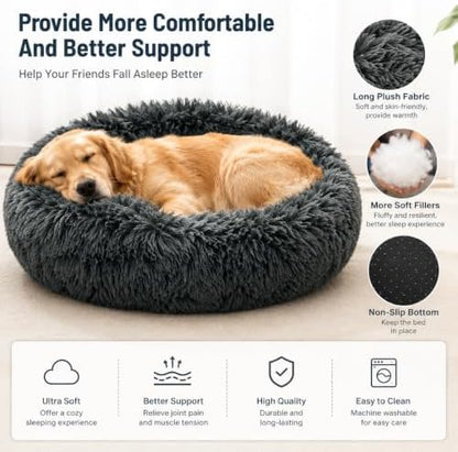 Cat Beds for Indoor Cats, Round Fluffy Cute Small Cat Bed, Washable Anti-Slip Donut Pet Bed, Round Dog Bed for Small Pets (Dark Gray)