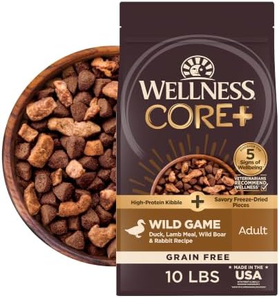 Wellness CORE+ Adult Dry Dog Food with Freeze Dried Pieces, Grain Free Kibble+, Natural, High Protein, Wild Game Duck, Lamb, Boar, and Rabbit Recipe, 10 lb Bag
