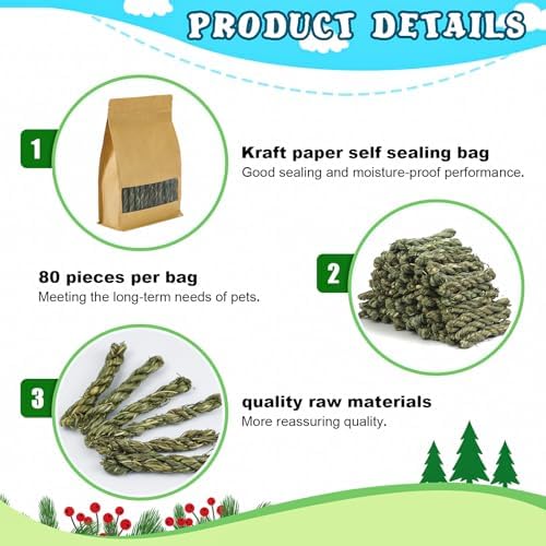 80pcs Rabbit Timothy Hay Toy for Bunny Small Animal Treats Natural Grass Stick Chew Toys Snacks Molar Teeth Grinding for Guinea Pigs Chinchillas Hamsters