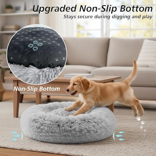 JOLLYVOGUE Calming Dog Bed Medium Size Dog, 31in Donut Washable Medium Pet Bed, Anti-Slip & Anti-Anxiety Fluffy Faux Fur Round Dogs Bed, Fits up to 45 lbs Pets (Smoke Grey)