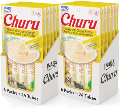 INABA Churu Cat Treats, Grain-Free, Lickable, Squeezable Creamy Purée Cat Treat/Topper with Vitamin E & Taurine, 0.5 Ounces Each Tube, 48 Tubes (4 per Pack), Chicken with Cheese Recipe
