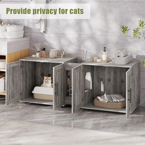 Garvee Cat Litter Box Enclosure for 2 Cats, 55" Hiddden Litter Box Enclosure Furniture 3-in-1 Wooden Litter Cabinet with Barn Door & Double Rooms for Bedroom Living Room, Gray