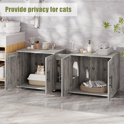 Garvee Cat Litter Box Enclosure for 2 Cats, 55" Hiddden Litter Box Enclosure Furniture 3-in-1 Wooden Litter Cabinet with Barn Door & Double Rooms for Bedroom Living Room, Gray