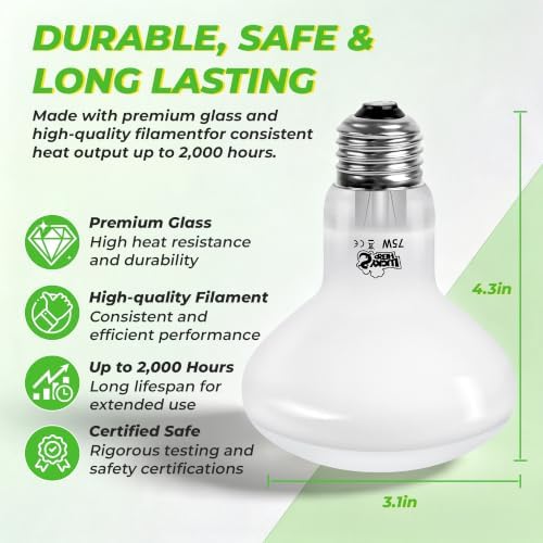 LUCKY HERP Reptile Heat Lamp Bulbs 75W, UVA Daylight Basking Bulbs 2 Pack