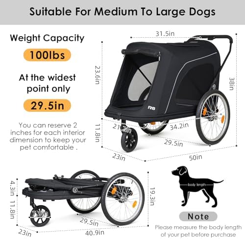 R8 Extra Large Foldable Pet Stroller, Dog Stroller & Pet Trailer for Large Dogs Under 100 lbs, Unmovable, Disabled & Pregnant Dogs - Conveniently Carriable by Bike and Car, Black