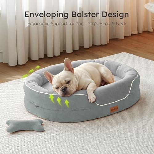 CWAWZ Large Orthopedic Dog Bed, 36 in. Dog Bed for Large Sized Dogs with Full-Surround Bolsters, Dual-Sided Dog Cooling Beds with Memory Foam, Washable Pet Sofa Couch with Nonslip Bottom, Light Grey
