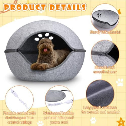 Beeveer Heated Cat Bed, Indoor Heated Cat Cave, Warmer Thermal Pet Bed with Removable Waterproof Heater for Kitty Small Dogs Gray(19.7X 17.8 x 13 Inches)