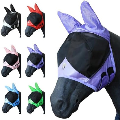 T TEKE Fine Mesh Horse Fly Mask w/Ears, UV Blocking 3D Eye Visor with Extra Fleece Cushioned Forehead, Protection from Insect Pests