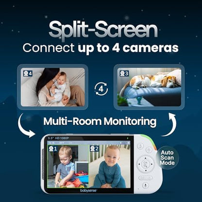 Babysense PRO Non-WiFi Full HD 5.5" Split Screen Baby Monitor with Camera and Audio, 6-Color Night Light, White Noise, Sound & Light Machine, 20-Hour Battery, Hack-Proof Secure Connection