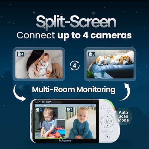 Babysense PRO Full HD 5.5" Split Screen Baby Monitor with 2 Cameras, 6-Color Night Light, White Noise, Sound & Light Machine, 20-Hour Battery, Hack-Proof Non-WiFi Secure Connection