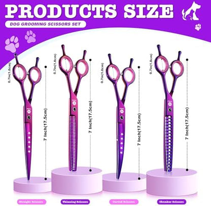Dream Reach Dog Grooming Scissors - 7" Professional 6 in 1 Pet Scissors Sharp and Durable Shears Set Thinning, Chunker, Straight, Curved Shears and Comb for Dog Cat Pets, Purple