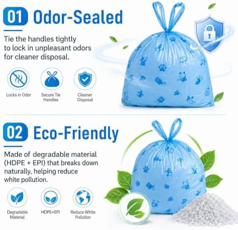 Odor Sealing Cat Litter Poop Clump Pick-Up Bags with Handles Scoop Tie Bags Dog Waste Bag, Leak Proof Pet Disposal, Unscented, 100 bags