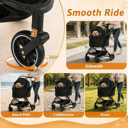 Pet Stroller with Detachable Carrier, Foldable Dog & Cat Stroller