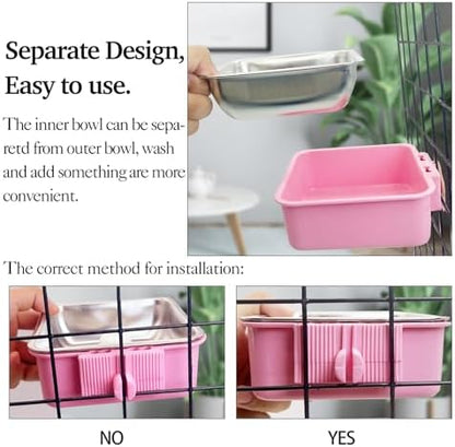 kathson Crate Dog Bowl, Removable Stainless Steel Hanging Pet Kennel Cage Bowl Food & Water Feeder Coop Cup for Puppy, Cat, Rabbit, Guinea Pigs 3pcs Small Square(Blue, Green, and Pink)