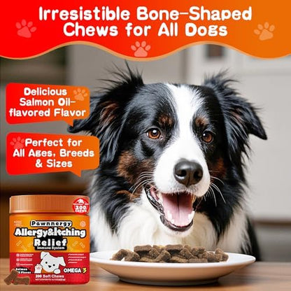 Dog Allergy & Itch Relief Chews - Salmon Oil Omega-3, Omega-6, Vitamin B1/B2/B6, Colostrum Probiotics Supplement for Seasonal Allergy, Hot Spots, Paw Licking, Scratching, 200 Soft Chews