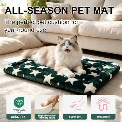 Dog Bed Mat, Reversible Crate Pad & Cute Dog Bed - Machine Washable Kennel Mat with Ultra Soft (Big&Small Stars Green, 18" L x 14" W x 1.5" Th)