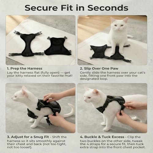 Luxelle Escape-Proof Cat Harness and Leash Set – Adjustable No Pull Soft Vest with 360° Reflective Straps, Built-in Pocket & Wrist Strap, Breathable Mesh Outdoor Harness for Cats & Kittens