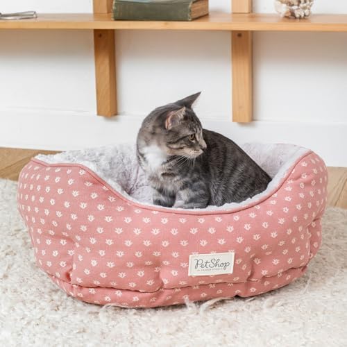 Fringe Studio Ditsy Block Dark Bush 20" W x 19" D x 8" H Small Round Cuddler Cat/Pet Bed 100% Cotton Canvas Exterior w/Faux Fur Interior, Machine Washable, PetShop Collection (203017)