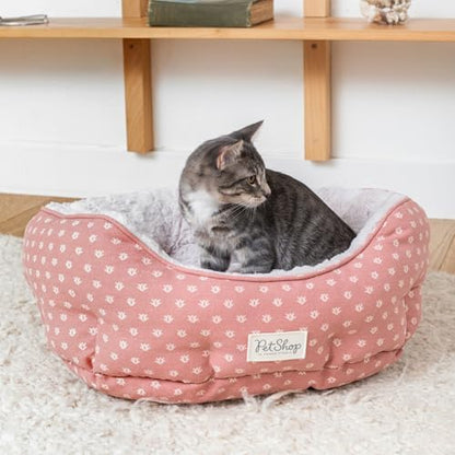 Fringe Studio Ditsy Block Dark Bush 20" W x 19" D x 8" H Small Round Cuddler Cat/Pet Bed 100% Cotton Canvas Exterior w/Faux Fur Interior, Machine Washable, PetShop Collection (203017)