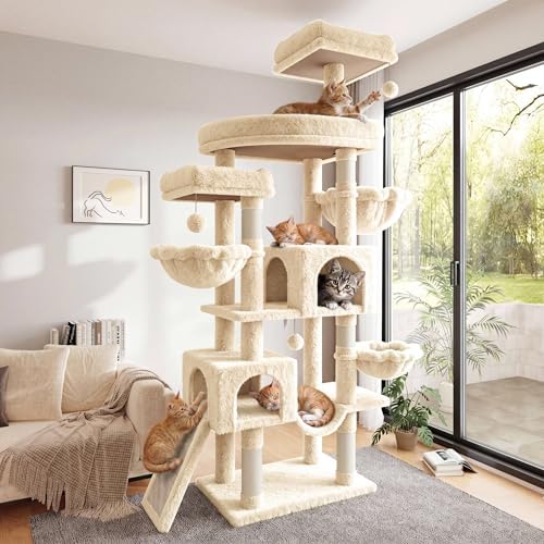 SHA CERLIN 82 inch Cat Tree Tower, Multi-Level Cat Condo with Plush Perches, Sisal Scratching Posts, Hammock and Toys, Stable Cat Tower for Kittens and Adult Cats, Beige