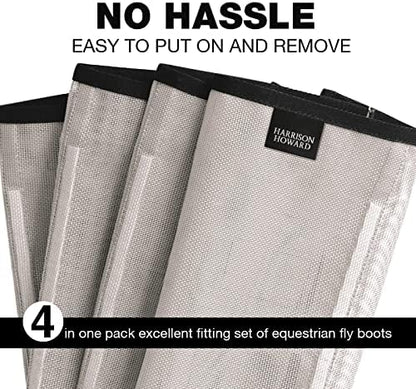 Harrison Howard Loose Fitting Fly Boots UV-Protective Extra Tough Mesh Ventilated Four Fasteners Stay-on Design Protect Horse Legs & Stomp-Reducing Set of 4 Silver Grey Pony