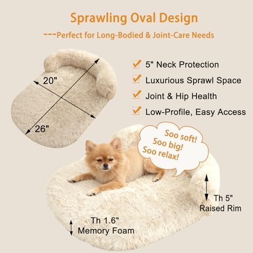 Orthopedic Dog Bed with Egg-Crate Base, Calming Dog & Cat Beds Long Plush with Raised Edges, Spine Friendly Pet Sleeping Mat for Small Medium Dogs, Machine Washable (Oval, Beige 26"x20")