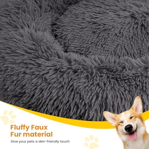 Calming Dog Beds for Large Dogs, Faux Fur Donut Cuddler Dog Bed, Round Fluffy Pillow, Washable Pet Bed for Dogs Up to 80Lbs, 36inch