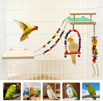 5 Pack Bird Cage Accessories, Multicolor Wooden Enrichment Playground with Swing Perch, Bridge, Chew Toys, Bird Supplies for Budgies, Cockatiels, Lovebirds, Small to Medium Birds