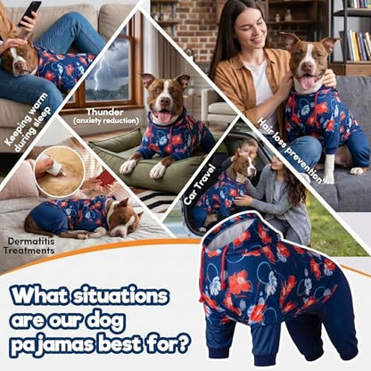 LovinPet Big Dogs Jammies, Dog Bodysuit, Floral Navy & Red Print, 3XL